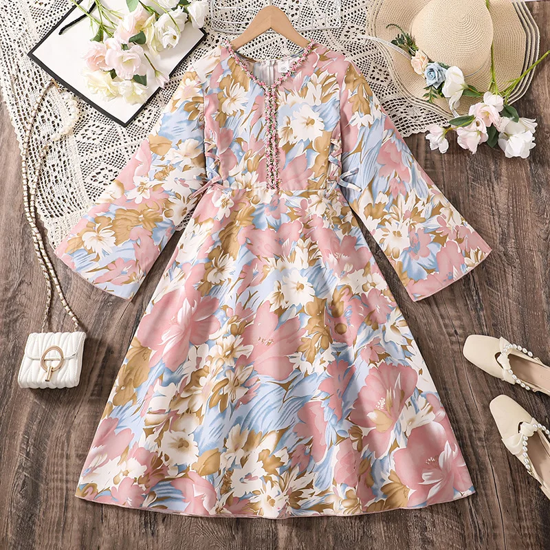 

8-12Y Girls Autumn Dresses 2025 New Korean Fashion Casual Floral Print V-Neck Flare Sleeve Dress Kids Vacation Beach Clothes