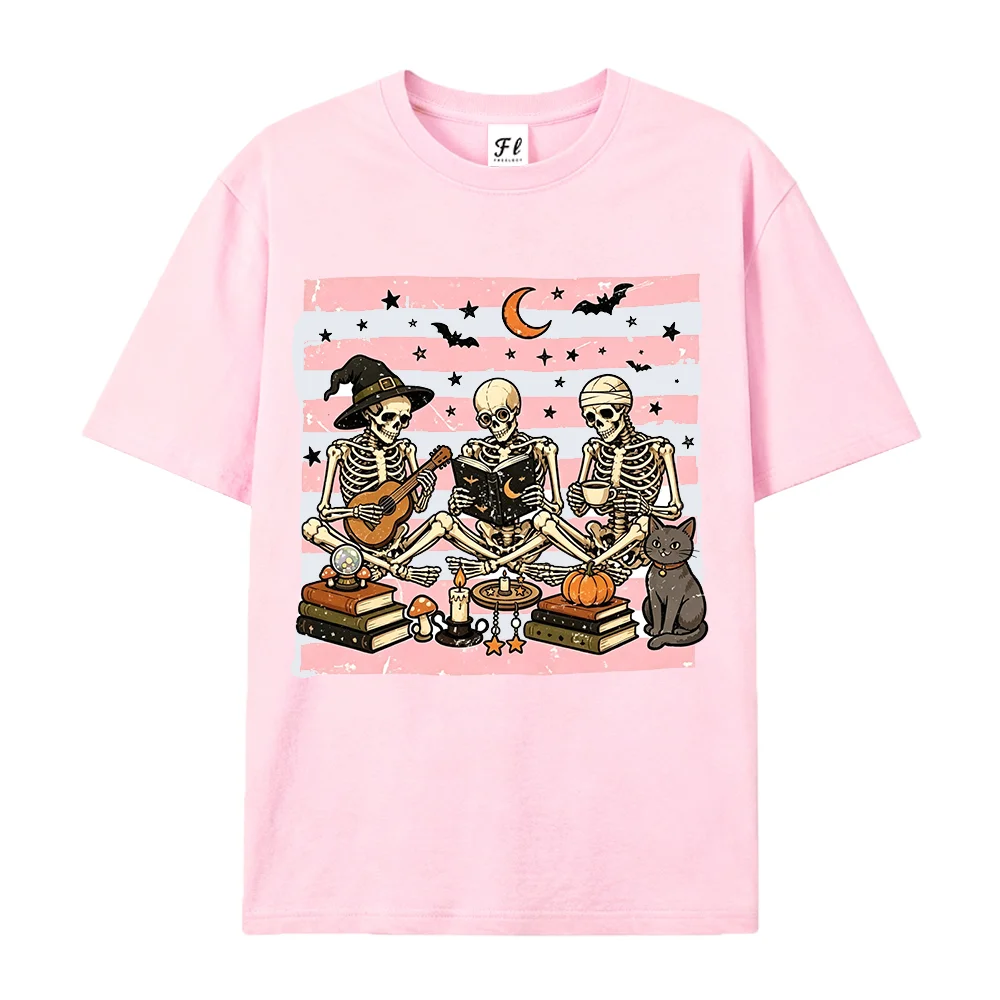 Women Graphic T Shirt Halloween Skeleton Cat Book Guitar Print Crew Neck Short Sleeve Casual Oversized Autumn Tee