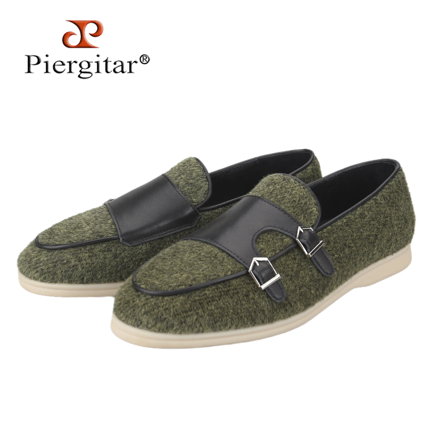 Piergitar Autumn/Winter Style Italy Imported Green Wool Slip-On Men's Walk Flats Classic Model Handcrafted Double-Monk Shoes