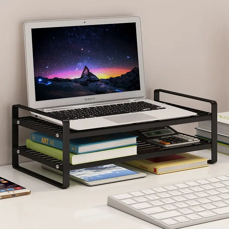 Laptop Stand Cooling 2-Layer Metal Hollow Out Storage Rack Office Desk white Storage Dormitory Desktop monitor stand