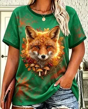 Women Forest Moon T‑Shirt, Gray Wolf Head Mountain Pine Woodland Full Graphic Casual Short Sleeve Tee For Daily Outfit