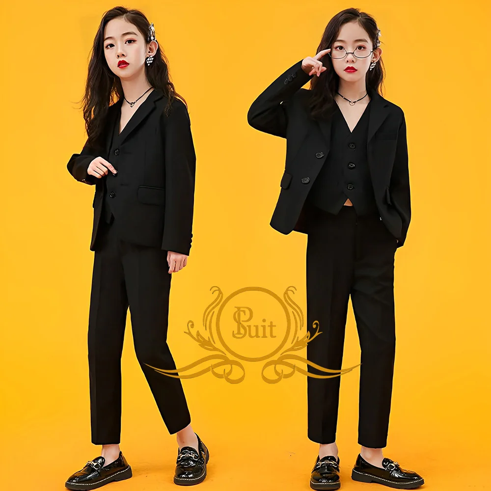 Setelan pakaian hitam anak perempuan, setelan jaket tiga potong + celana + rompi, pakaian mode baru kualitas tinggi, elegan, pas di badan, setelan Formal anak perempuan