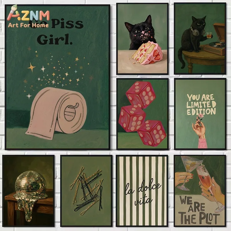 AZNM Retro Dark Green Canvas Wall Art Funny Black Cat Disco Ball Cocktail Quote Oil Painting Poster Bathroom Bar Unframed Decor