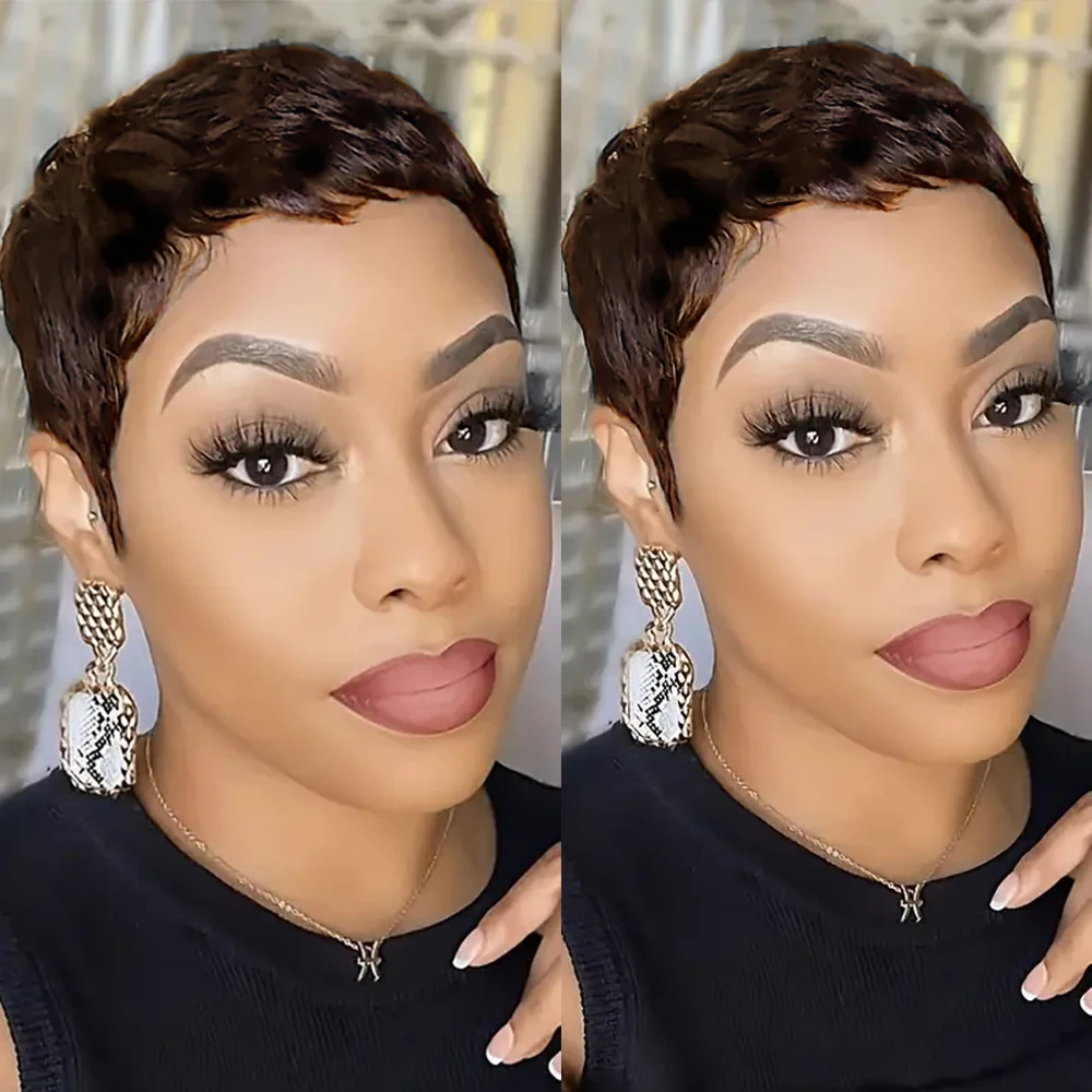 Brown Short Pixie Human Hair Wigs Auburn Brown Short Wigs For Black Women Mechanism Short Brown Wig Pixie Cut Wigs  Hair Wigs