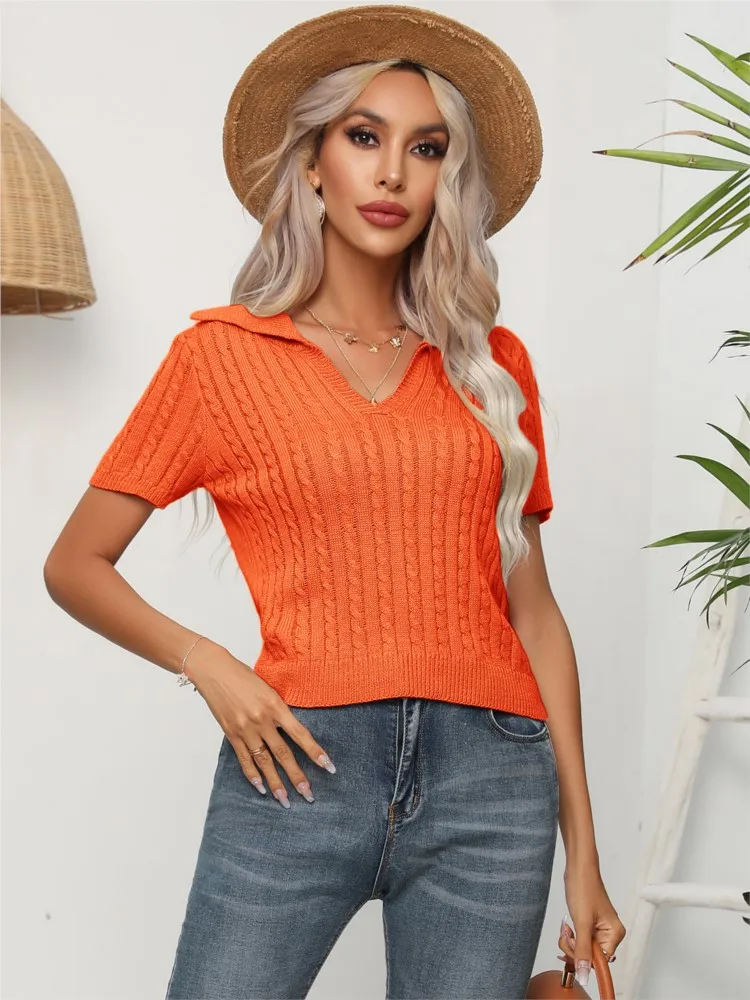 Spring Summer New Style Women's Fried Dough Twists Lapel Short Sleeve Knitwear Women's Twisted Three Quarter Sleeve Short Top