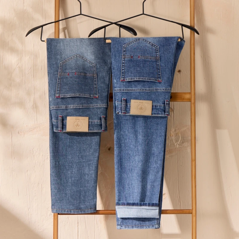 

2026 Summer Brand Business Casual Men's Slim Straight Lightweight Stretch Jeans Classic Embroidered High Waist Thin Denim Pants