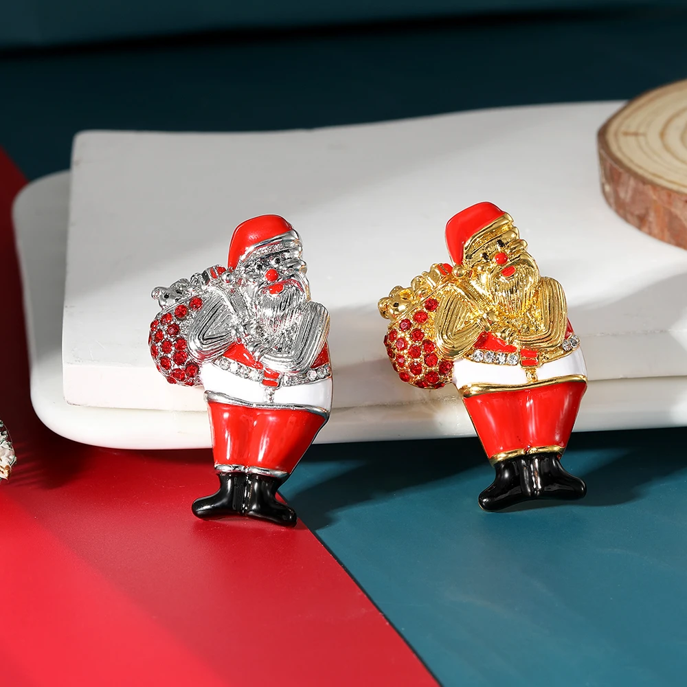 Personality Pretty Santa Claus Collection Crystal Brooches 3D Gold Silver Colors Father Christmas Lapel Pins Xmas Gift