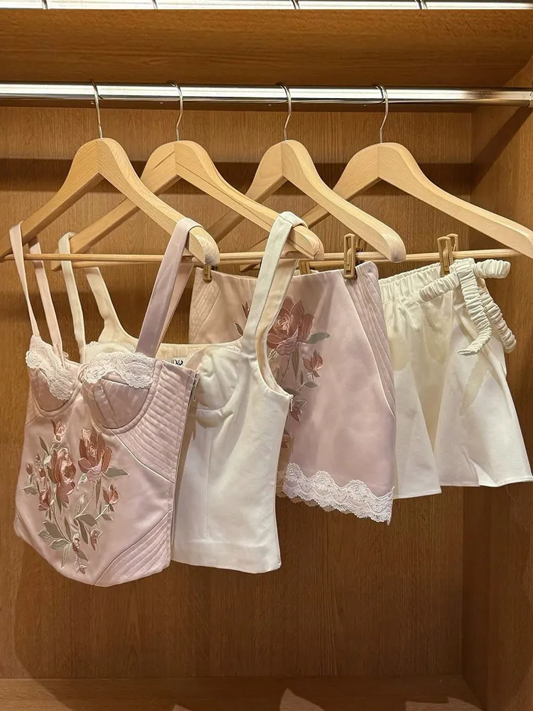 

Elegant Printed Flowers Corset Top Women Vintage Pink Slim Sling Tube Tops Lady 2025 Versatile Fashion Party Holiday Streetwear