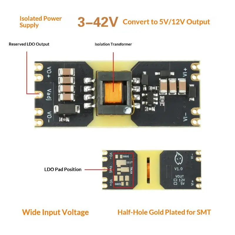 Isolated DC-DC Boost Converter Module 3-42V Input To 5V/12V Output Short Circuit Protection For Industrial Power Supply