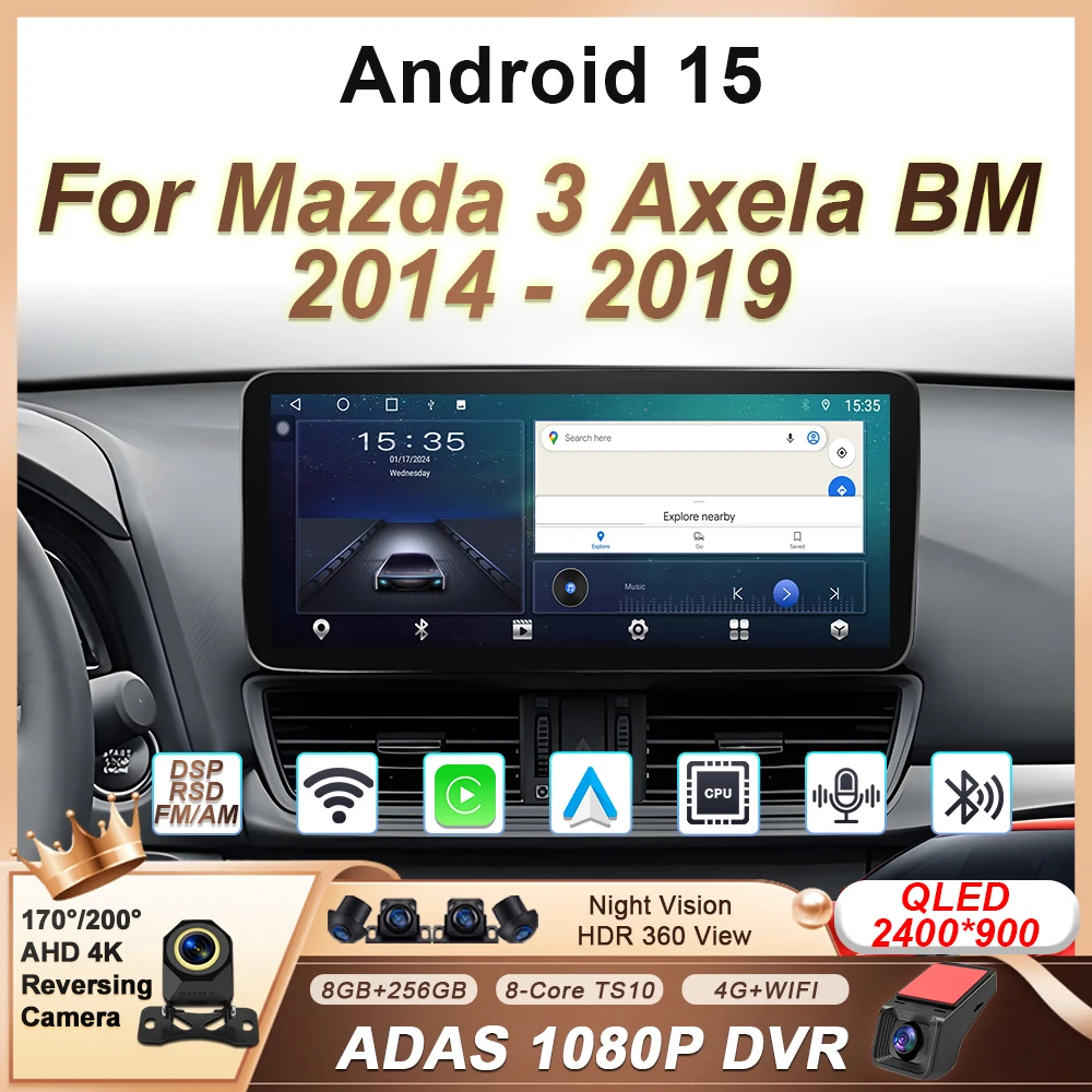Radio para Auto con Android Auto para Mazda 3 Axela BM 2014 2015 2016 2017 2018 2019 Reproductor de Video Carplay Estéreo Navegación Wifi 5G 12.3''