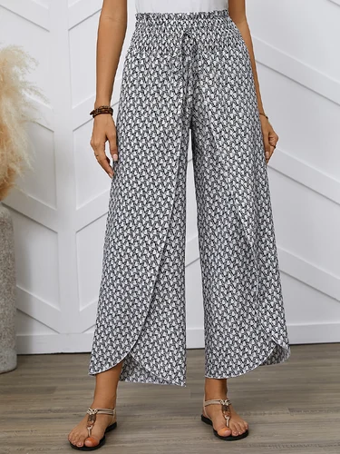 Pantalones largos cruzados sueltos de pierna ancha con dobladillo de tulipán y cintura con estampado completo de estilo francés para primavera/verano para mujer