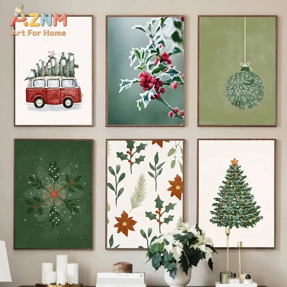 1pc frameless Christmas Tree Ball Decoration Poster Frosted Holly Winter Van Canvas Painting Snowflake Prints Decorative Home Ro