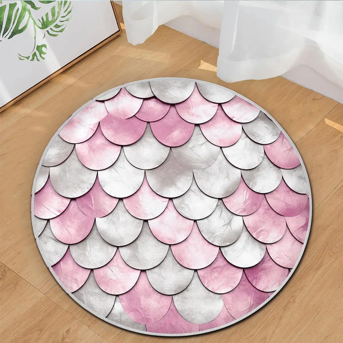 Pink Mermaid Scale Round Rug, T Non-Slip Machine Washable Soft Carpet for Kids Nursery, Bedroom, Living Room Decor
