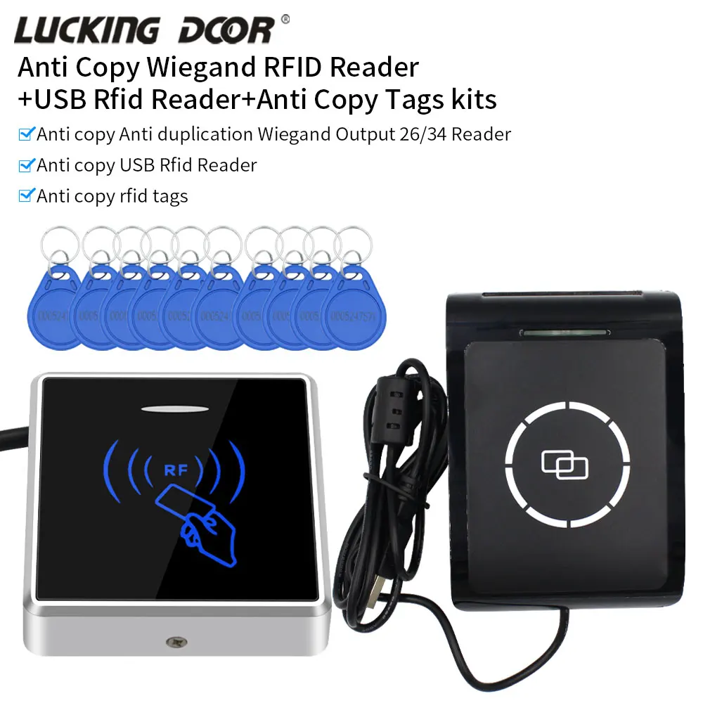 Anti Duplication Encrypted RFID Access Control System Kit Sets with Wiegand Card Reader + USB Scanner for Microchip+125Khz Cards