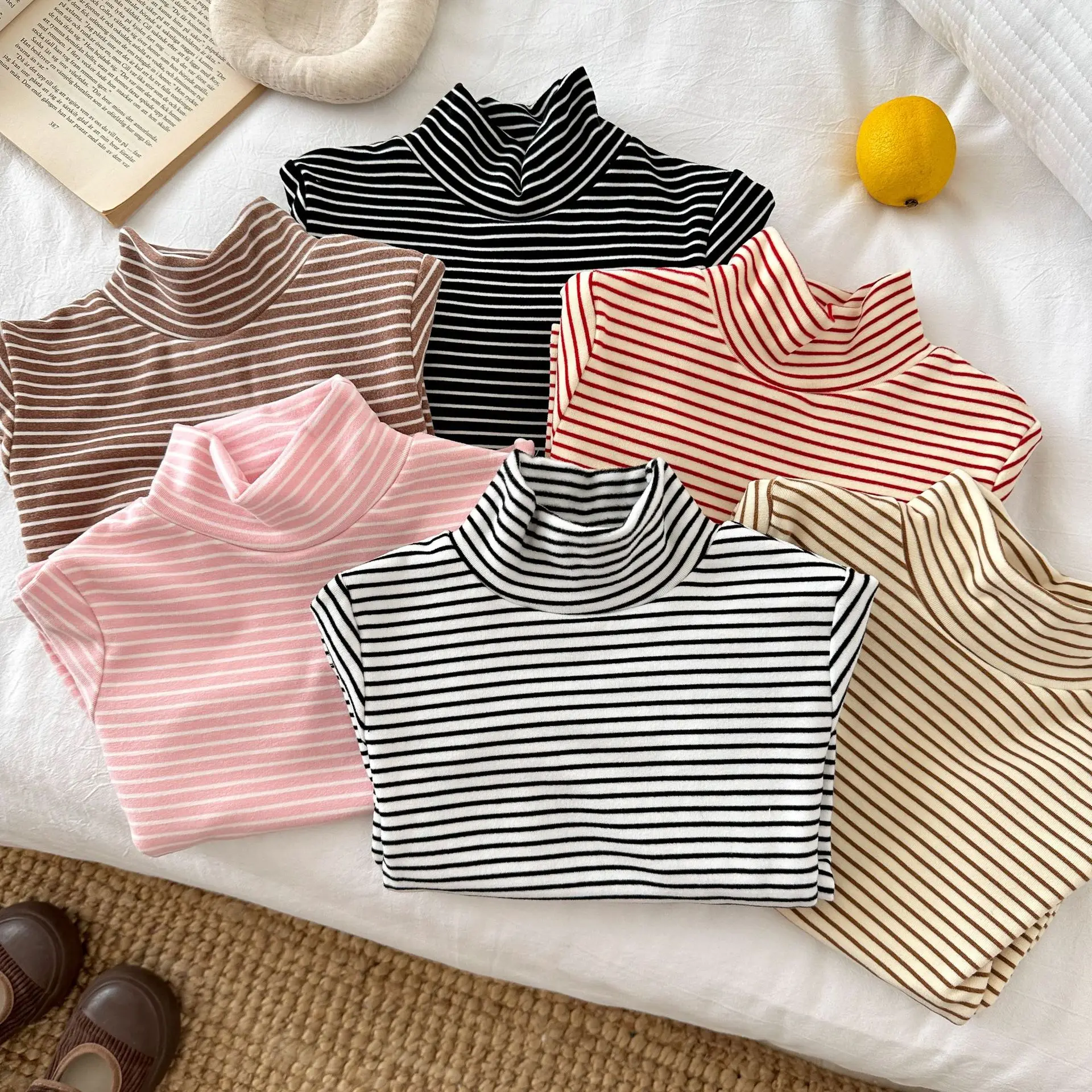 

2025 Winter New Children Long Sleeve Fleece T Shirts Cotton Girls Striped Bottoming Shirts Boys Thick Warm Tops Kids Clothes