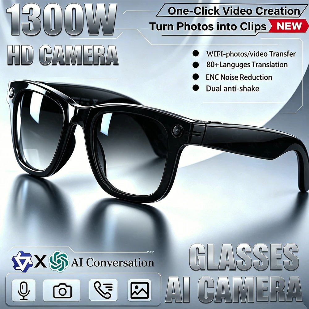 

New AI Smart Glasses AI Voice Wake-up AI Conversation 1300W HD Camera AI Translation IP66 Waterproof Bluetooth Call SmartGlasses