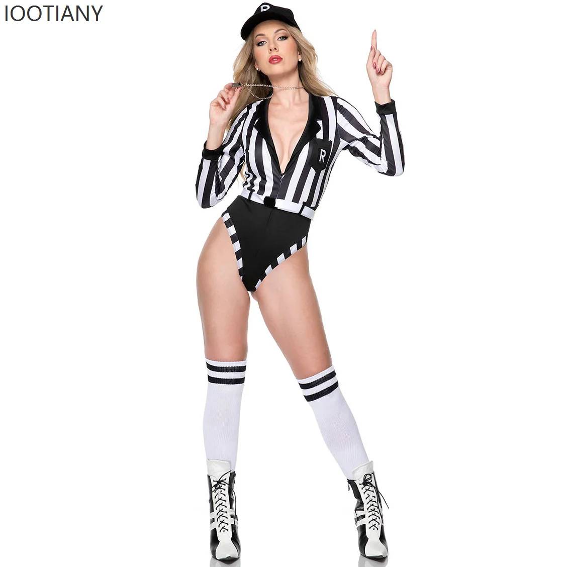 

Sexy Football Babe Referee Uniform Fashion Striped One-piece Costume Female Referee Cheerleader Stage Performance Costume Suit