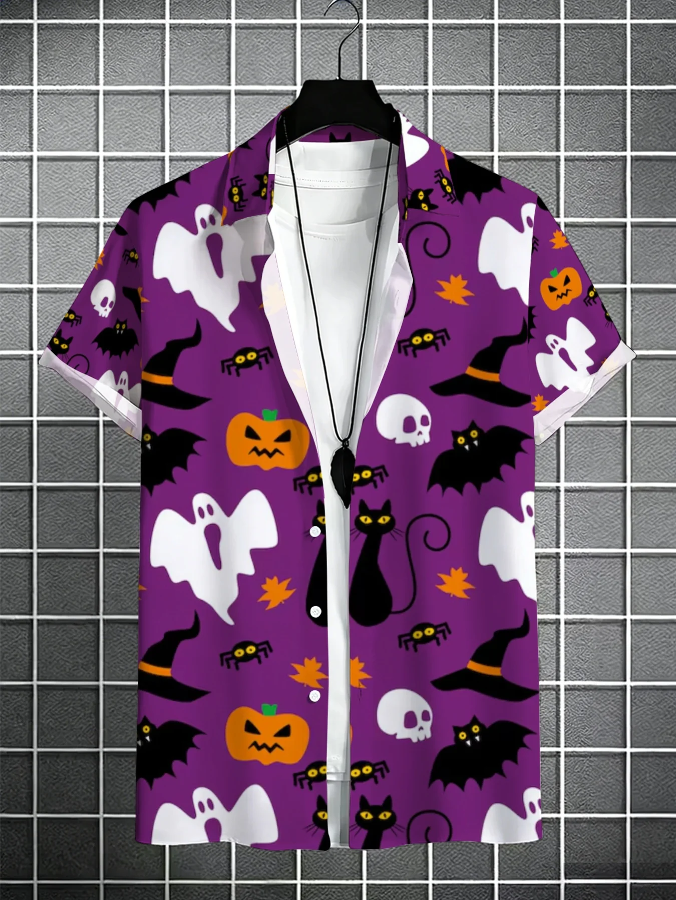 Men Purple Halloween Short Sleeve Shirt Ghost Pumpkin Bat Spider Black Cat Witch Hat Print Turn‑Down Collar Shirts