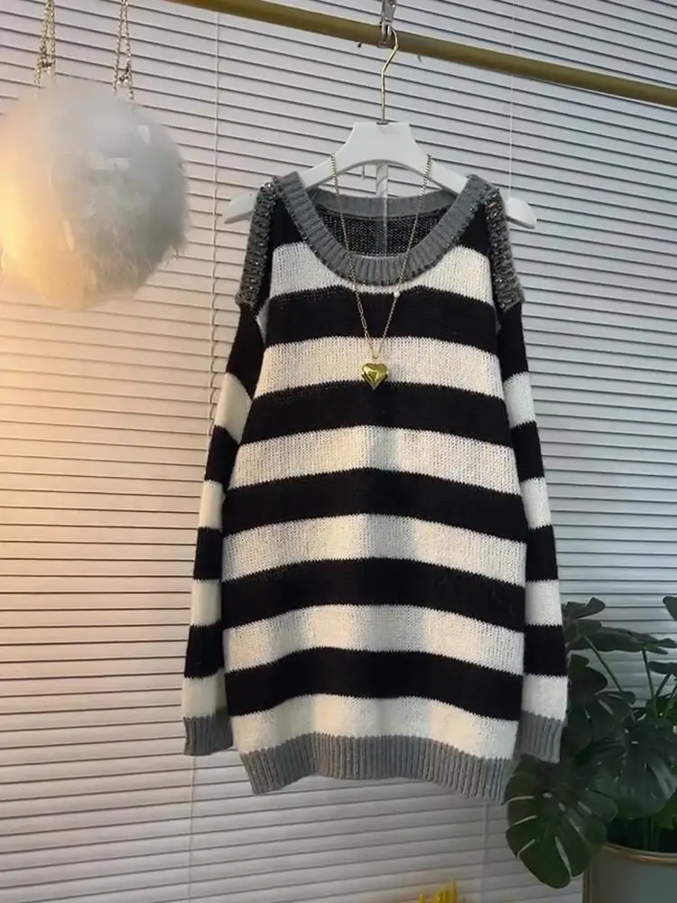 

Korean Sle Loose Fit Knitted oulder Bared Sweater for plus Size Women Mid-Length Faionable Autumn Winter Top