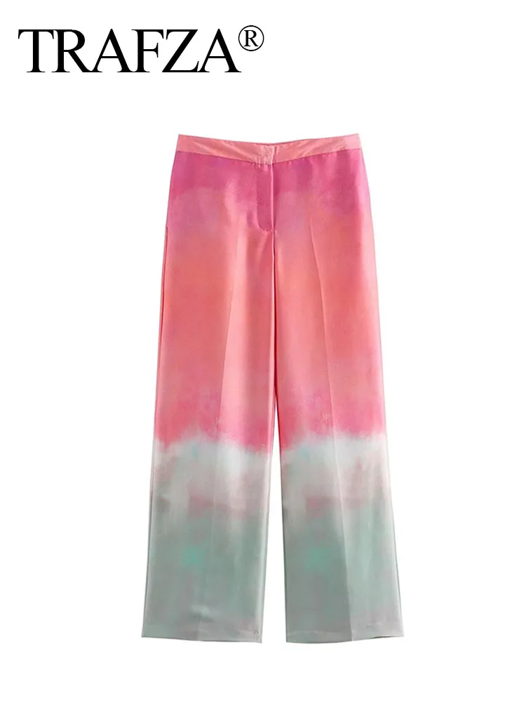 

TRAFZA Summer Long Pants Woman 2024 Trendy Tie Dye High Waist Pockets Zipper Trousers Female High Street Wide Leg Pants 2 Color