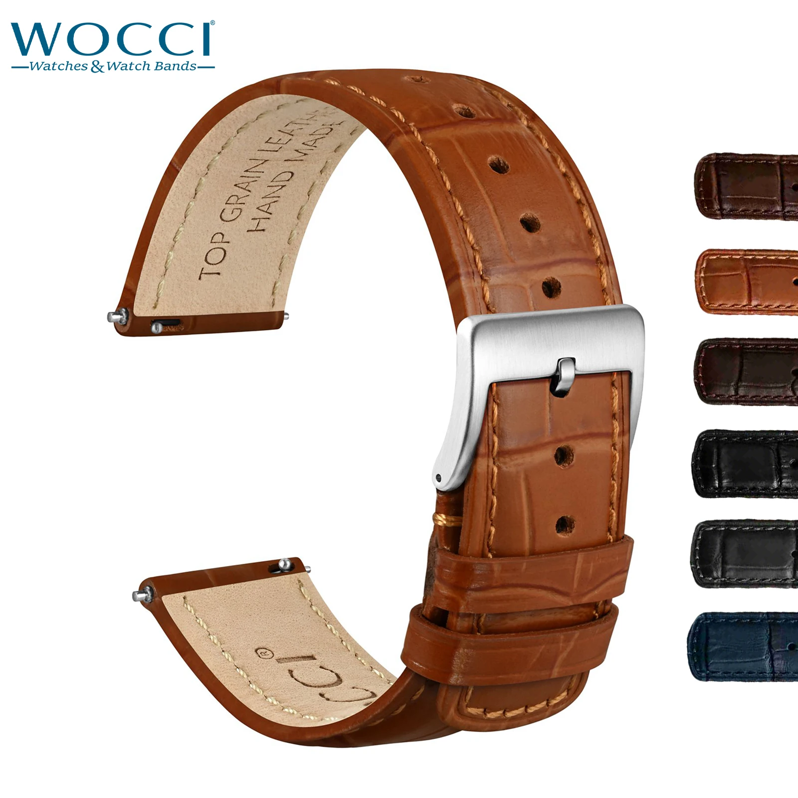 WOCCI Alligator Grain Embossed Leather Watch Band, Quick Release Replacement Watch Straps for Men, Lug Width 18mm 20mm 22mm
