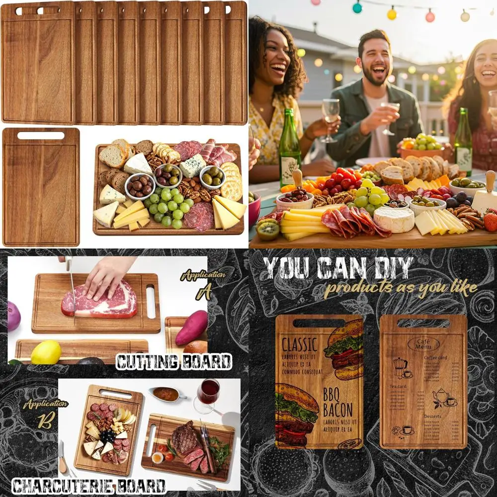 

Set of 10 Acacia Wood Chopping Boards, 12x7.8 Inches, with Handles for Kitchen Use