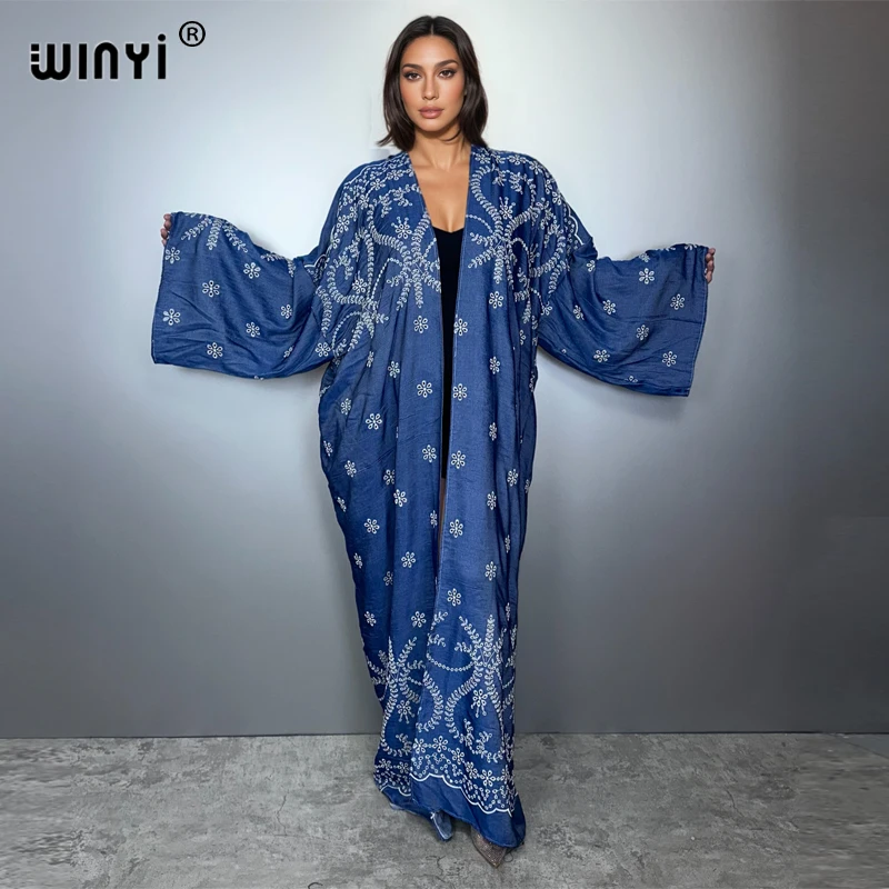 WINYI Embroidered denim Hollow cardigan Women coat Long Dress elegant Party Boho maxi beach Holiday Swimming Cover Up Kimono