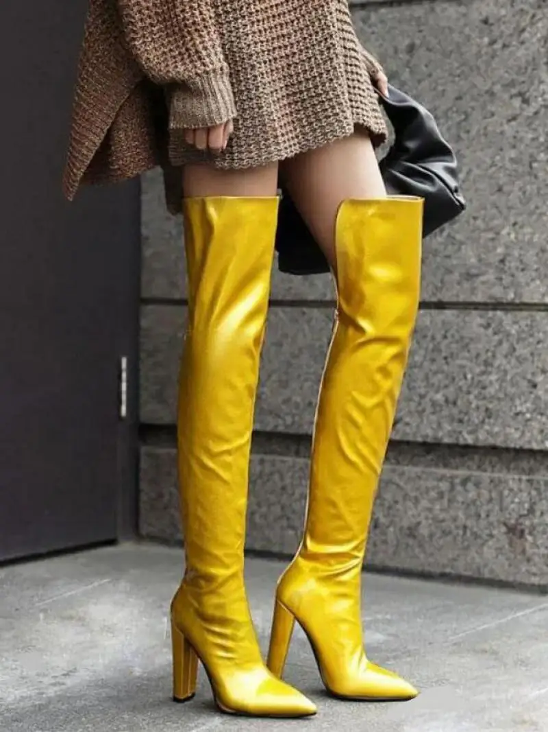 

Thigh-High Boots Women Pointed Toe Chunky Heeled Back Long Zipper Premium Leather Over-The-Knee Length Knight Long Boot