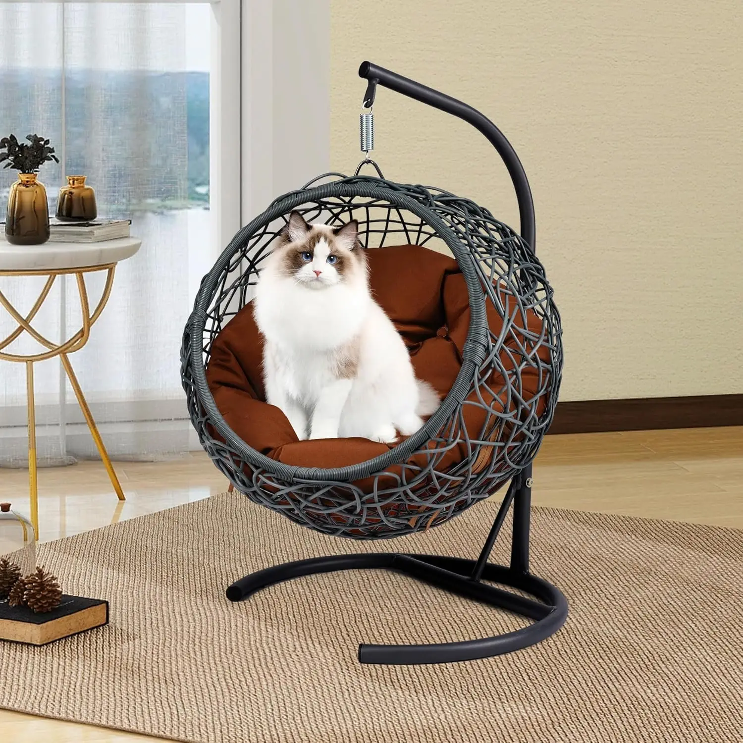 Indoor Outdoor Soft Cushion Rattan Pet House Hanging Cat Bed Hammock Swing Egg Chair for Small Animal