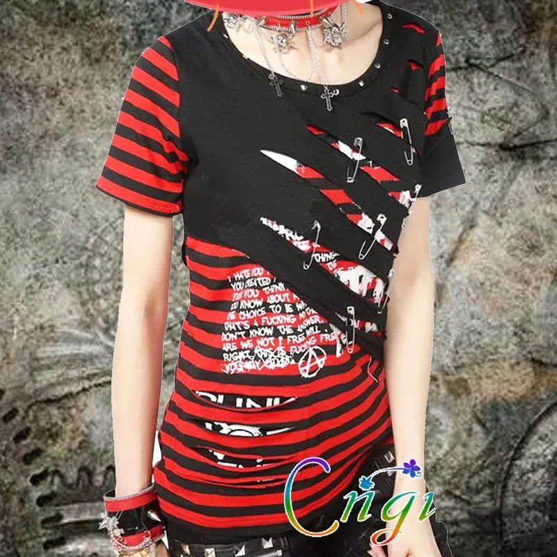 Ripped Japanese Korean  y2k Clothing Kill Matt Rock Clothes Hole Rivet Skull Pattern Stripe Short Womens T-shirt Men's Tops