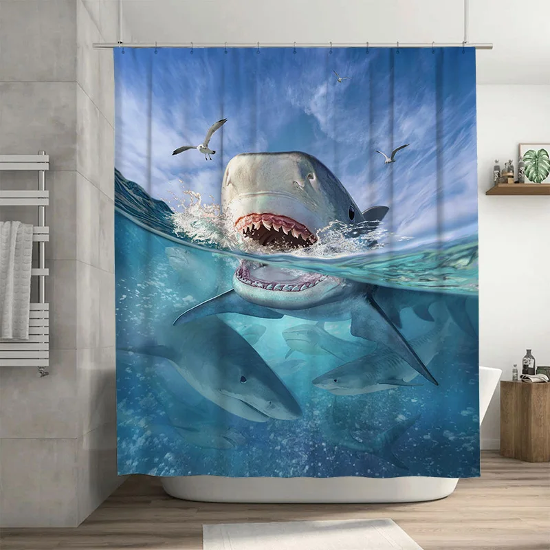 

Blue Ocean Shower Curtain with Giant Shark Print Perfect for Sea-themed Bathrooms!