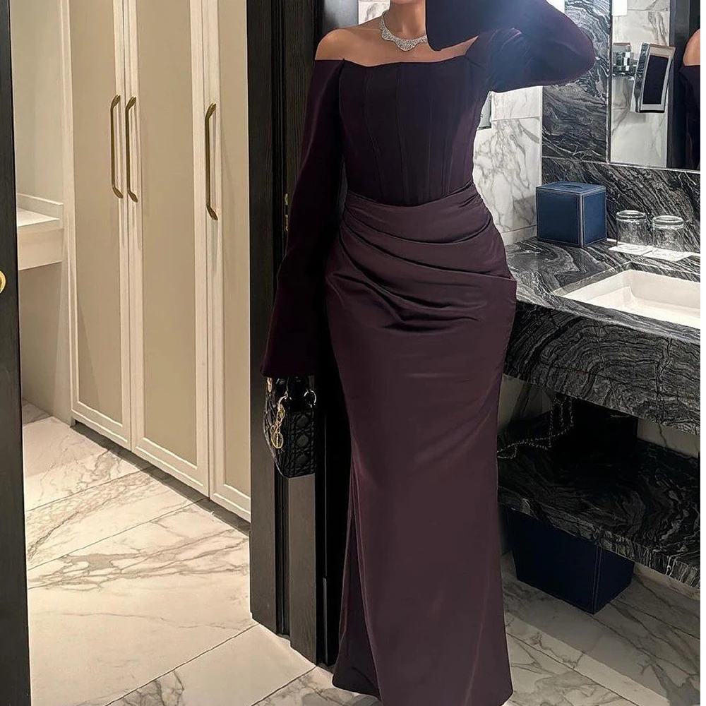 Zipper Back Back Slit Ankle Length Straight Boat Neck Elegant and Luxury Evening Dress Off the Shoulder Satin Long Sleeves