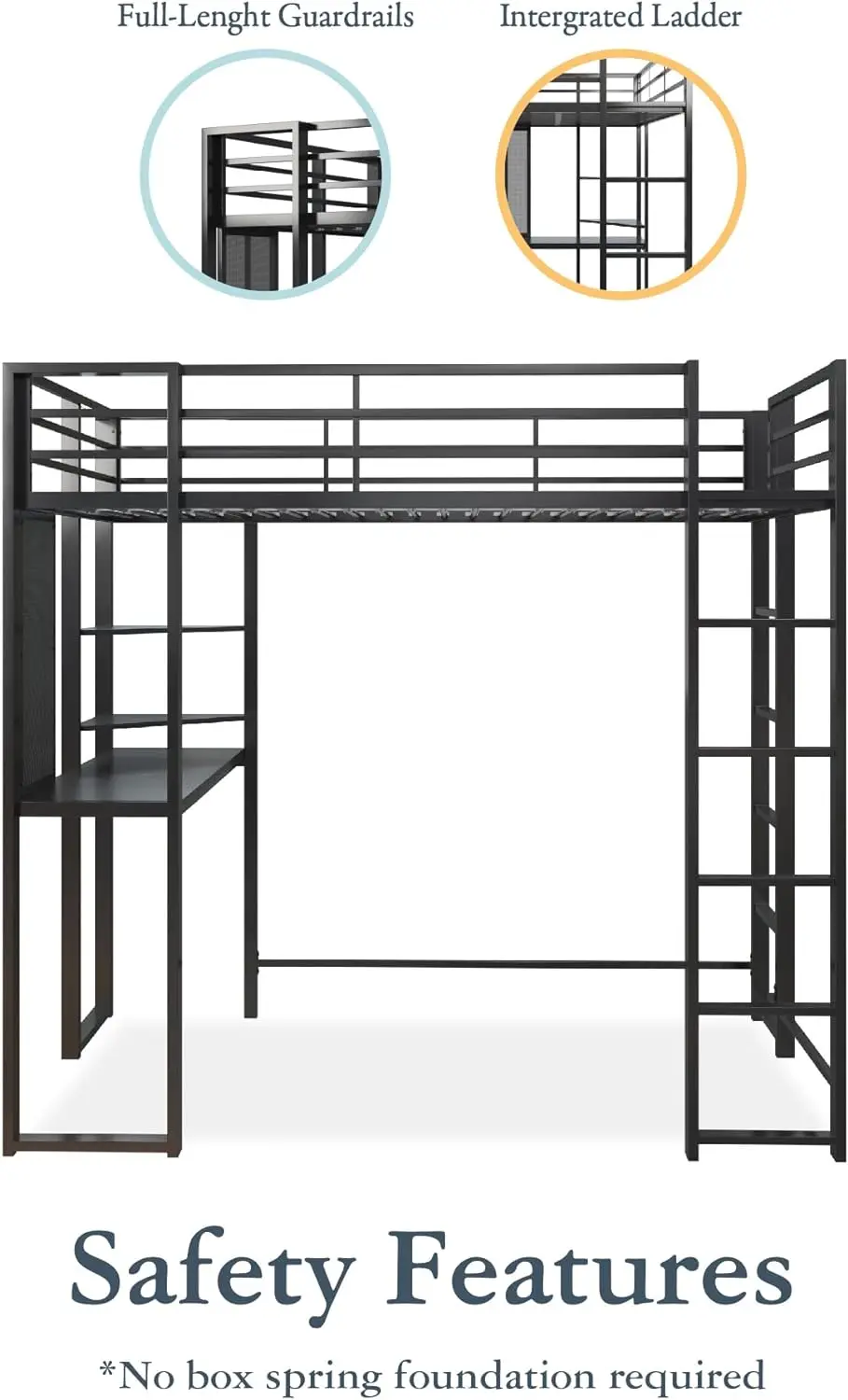 Full Size Metal Loft Bed, Aur, Preto