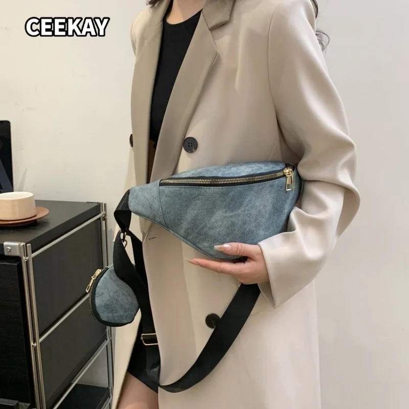CEEKAY Women's Crossbody Bag Blue Washed Faux Suede Sling Shoulder Handbag with Mini Pouch Daily Casual Commute Sport Style