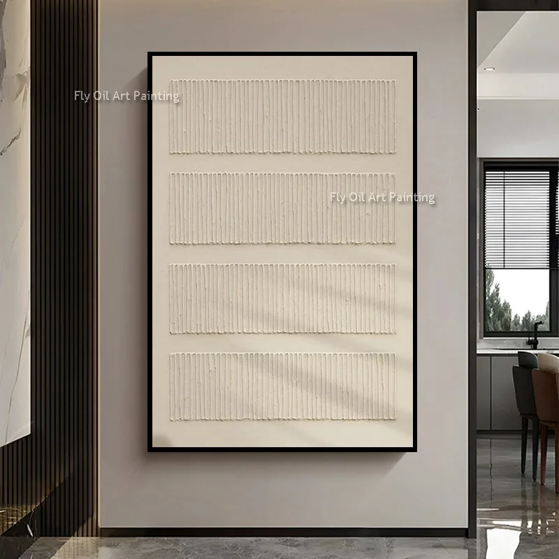 Large 100% Hand‑Painted Mark Rothko Style Abstract Oil Painting, Cream Textured Line Impasto Vertical Canvas Wall Art