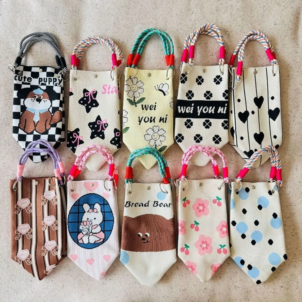 Cute Cat Knitted Tote Bag Bear Bow Cartoon Knitted Handbag Weave Purse Wool Bucket Bag Commuting
