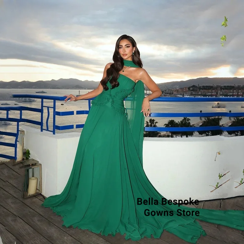 

Green Chiffon Evening Dress Elegant Strapless A Line Prom Dress Flowing Hand-pleated Silk Prom Party Dress Customized