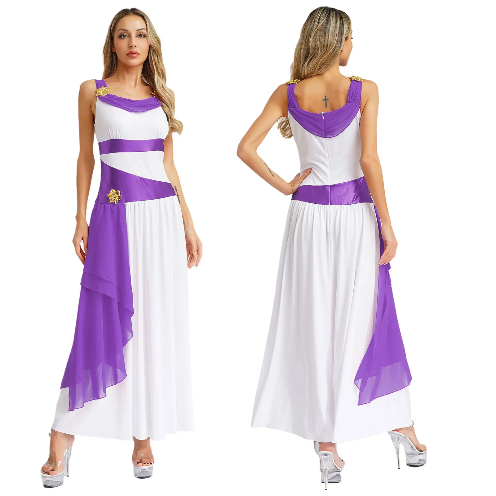 

Women Ancient Grecian Queen Cosplay Grecian Style Dress Sleeveless Flower Decoration Color Block Chiffon Dress Halloween Costume