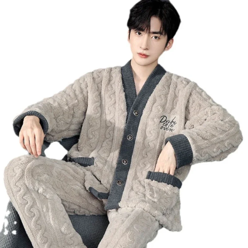 High Quality Men Pajamas Suit V-neck Winter Warm Loose Fitting Thick Plush Flannel Sleepwear Set Home Wear Male Nightwear