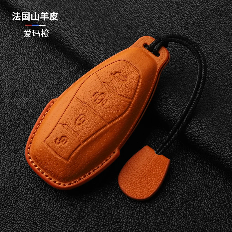 Premium Genuine Leather Key Fob Cover for Hongqi H5/HS5/HS3 PHEV/H6/HS7/EH7/H9/HQ9/Tiangong 08 Full Wrap Goat Skin Case
