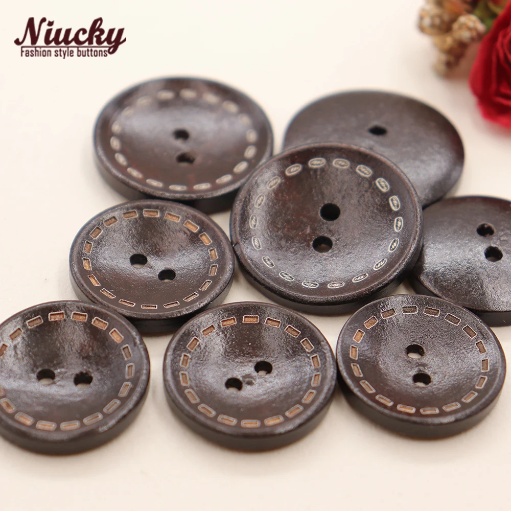 Niucky 2 Holes 25mm 30mm Dark Brown Wood Buttons for Coat, Wholesale Sewing Supplies for Jacket Sweater  W0101-011