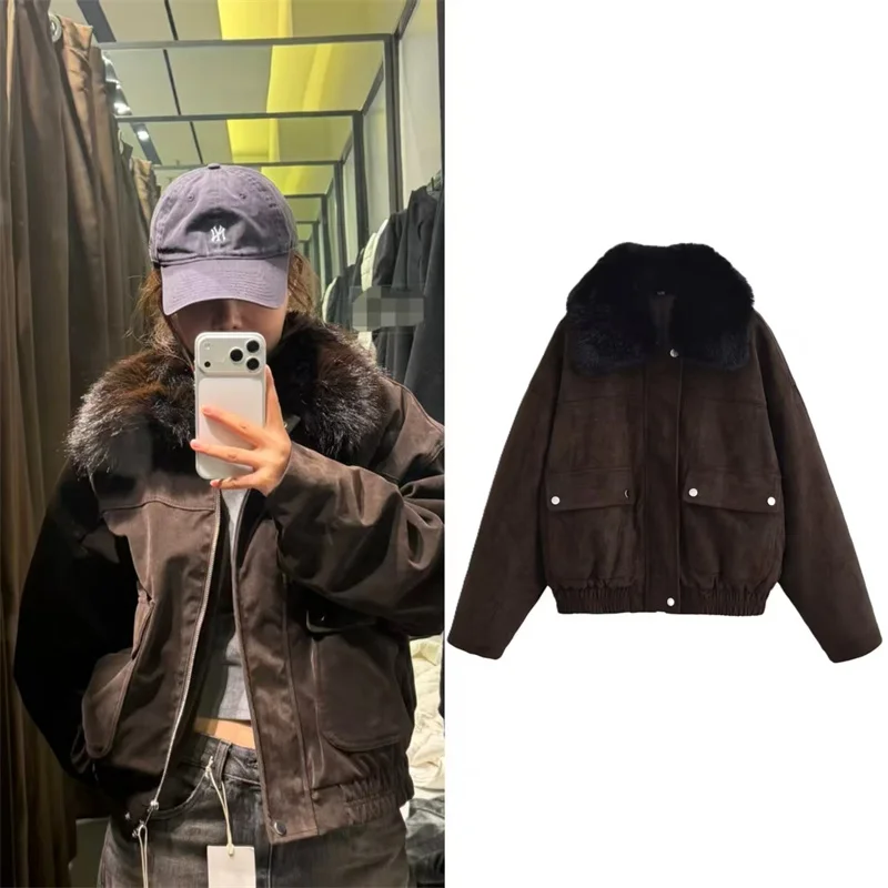 

Women's jacket 2025 Autumn New Style Camel Color Long Sleeve Vintage Style Suede Pocket Decorated Work Jacket Casual Fashion