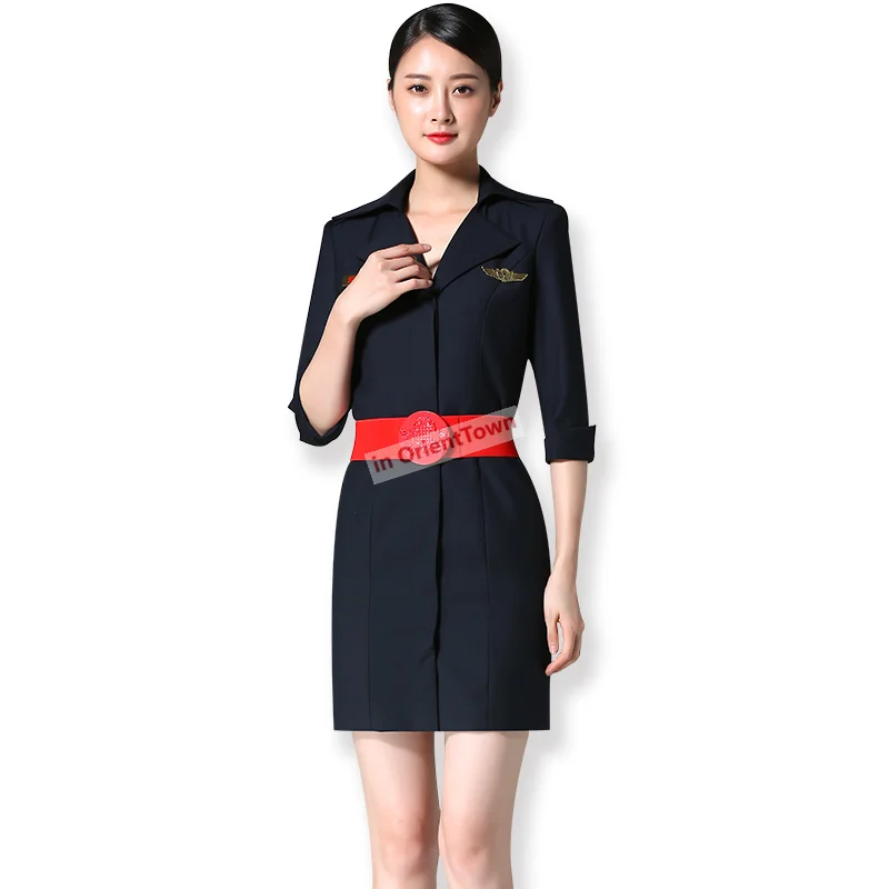 Stewardesa Uniform Lady China Trend Eastern Airlines Profesjonalny garnitur Wiosna Jesień Stewardesa linii lotniczych Sukienka z kołnierzykiem z klapami