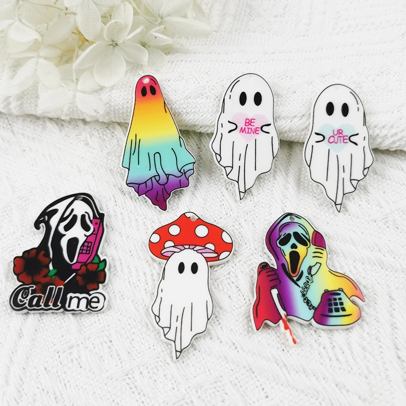 MuhNa 10pcs/pack Double Sides Halloween Grimace Ghost Acrylic Charms For Jewelry Making Craft DIY Keychain Floating