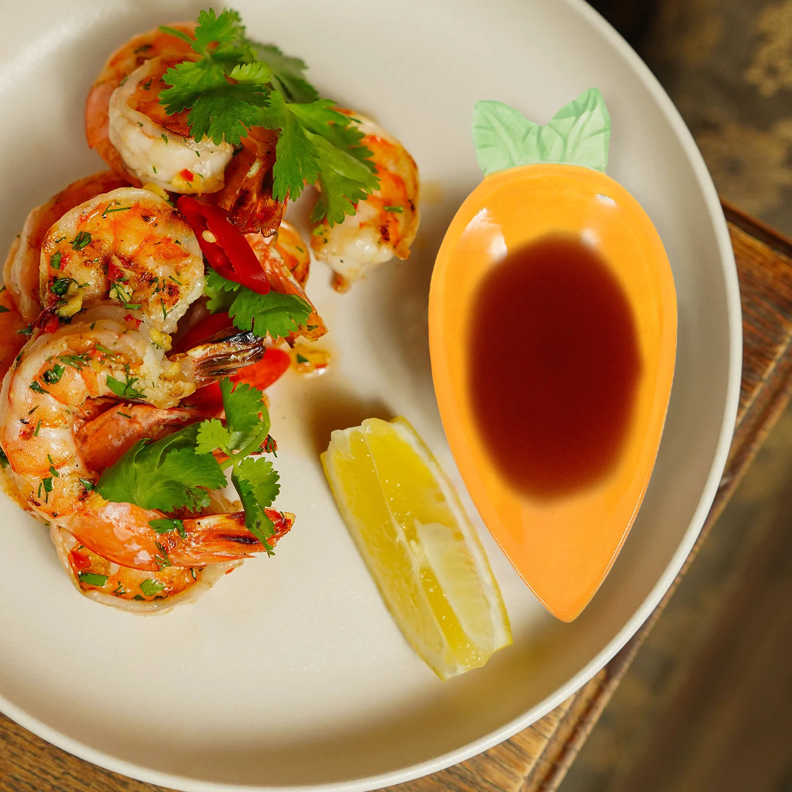 

1Set Exquisite Ceramic Carrot Shape Dipping Bowl and Spoon for Sauces Parties Dining Table Prep Plate Condiment Tray