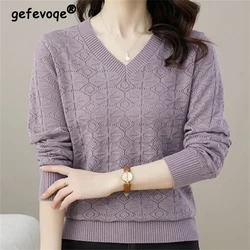 Women's Clothing Korean Fashion Hollow V Neck Knitted Sweater Autumn Winter Ladies Solid Loose Long Sleeve Tops Elegant Jumpers