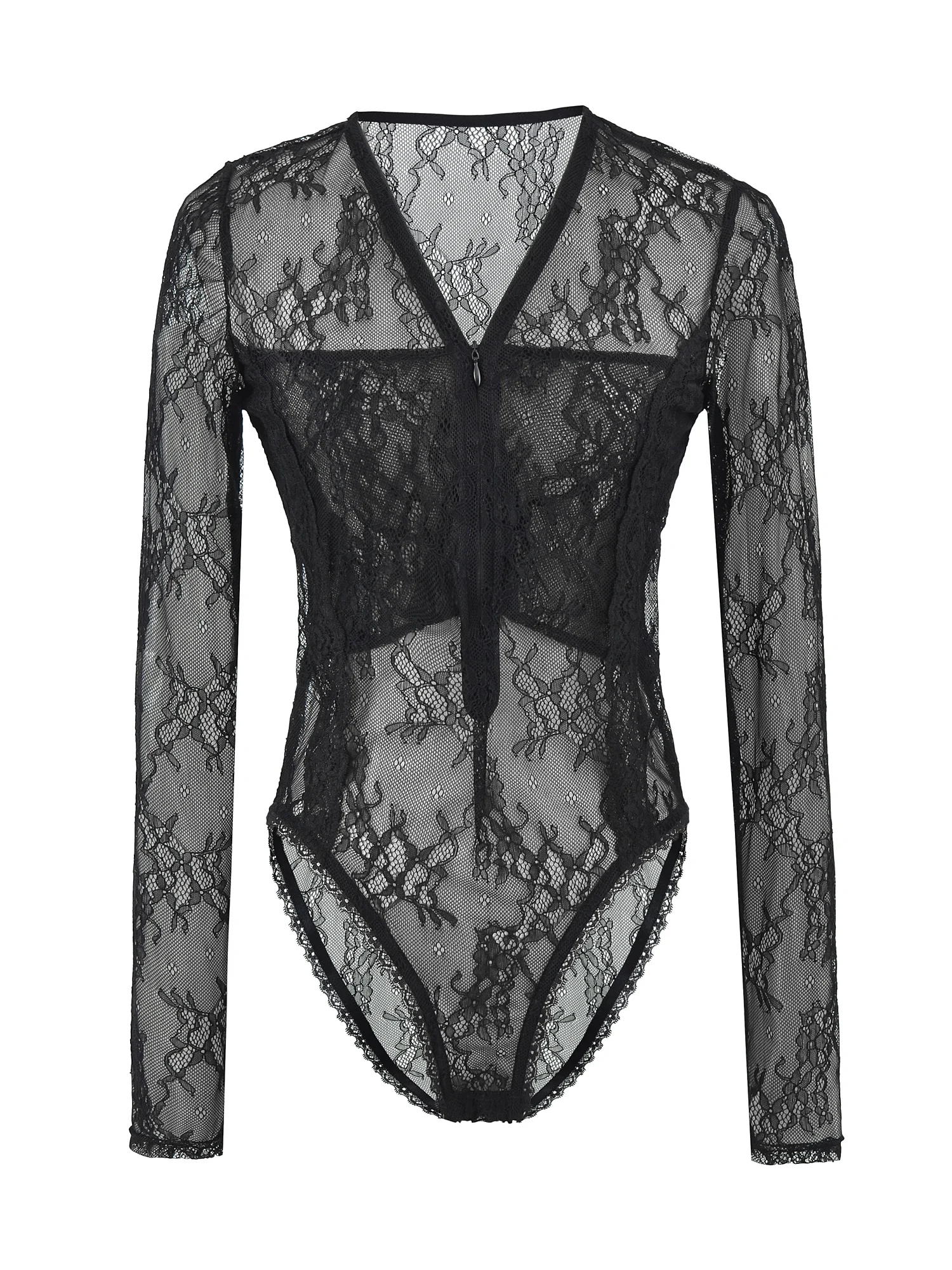 

Женский сексуальный прозрачный комбинезон в американском стиле с молнией, V-образным вырезом, длинными рукавами и кружевом, черный, с завышенной талией, прямой крой