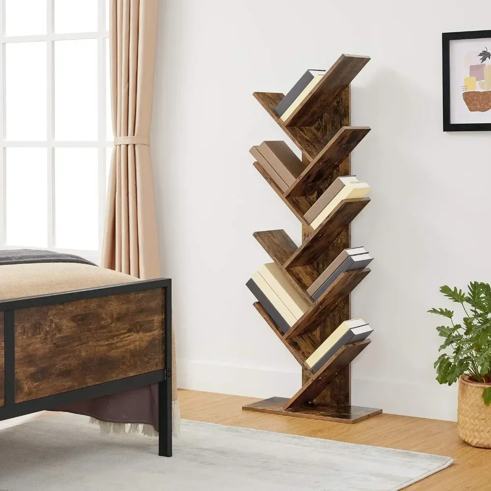 9-Tier Floor Standing Tree Bookshelf Book Shelf Home Office Bookcase With Shelves for Living Room Rustic Brown Furniture