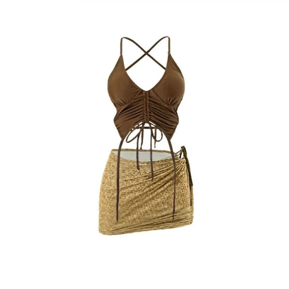 

Three Point Coffee Swimsuit Suit Lace-up Design Mini Style Bikini Set Slimming Halter Neck Halter Backless Beach Vacation