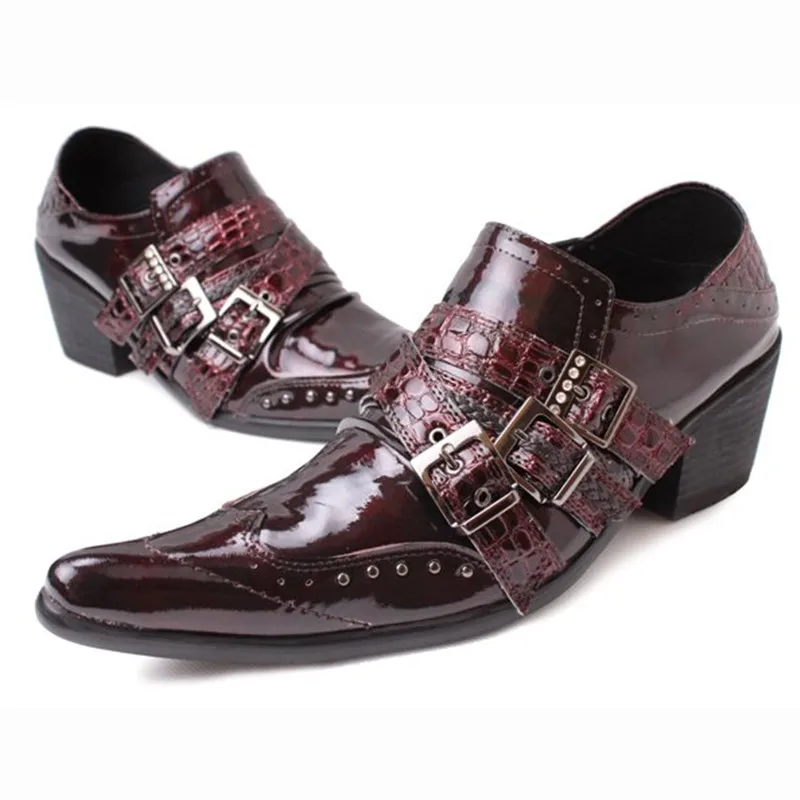 Christia Bella Handmade Pointed Toe Buckle Men Brogue Shoes High Heel Man Business Formal Shoes Party Genuine Leather Men Shoes